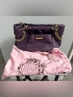 Vtg Juicy Couture Purple Quilted Leather Tote Bag w/ Suede Trim & Dustbag